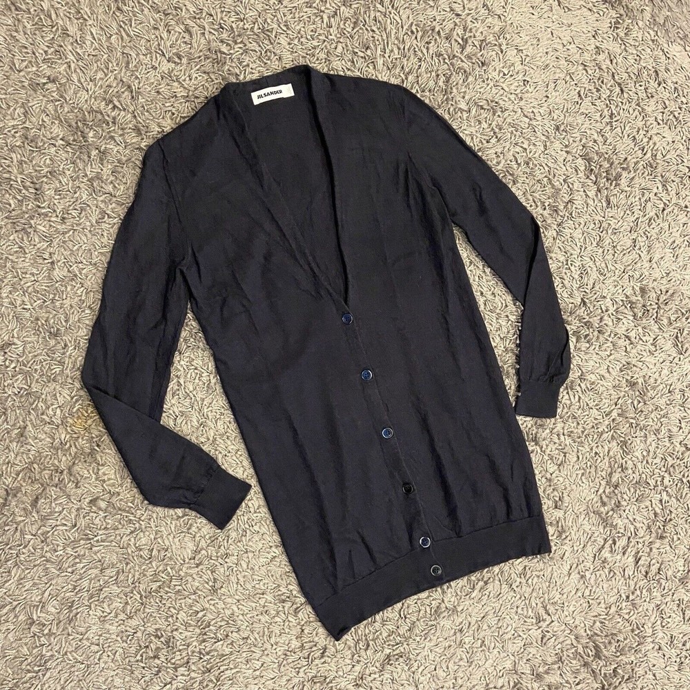 Jil Sander Deep V-Neck Buttoned Cashmere? Long Cardigan Sweater M? Navy Blue